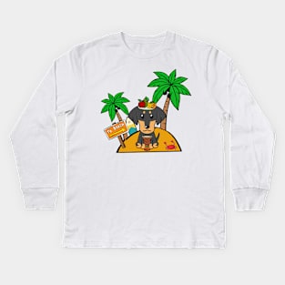 Funny dachshund is on a deserted island Kids Long Sleeve T-Shirt